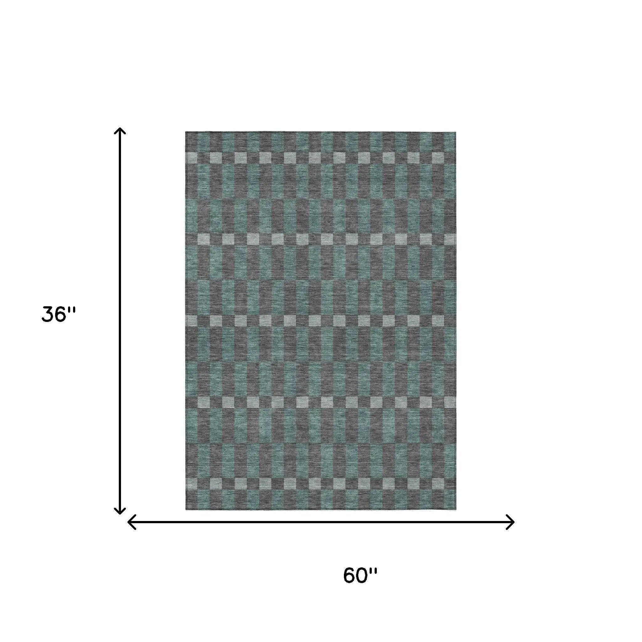 3' X 5' Charcoal And Teal Blue Geometric Washable Indoor Outdoor Area Rug Homeroots Outdoor