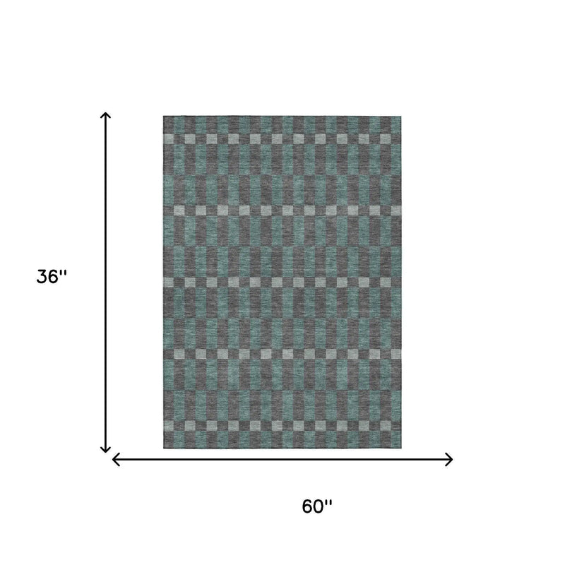 3' X 5' Charcoal And Teal Blue Geometric Washable Indoor Outdoor Area Rug Homeroots Outdoor