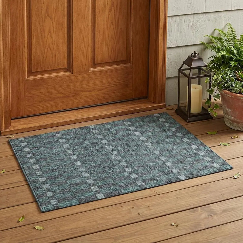 3' X 5' Charcoal And Teal Blue Geometric Washable Indoor Outdoor Area Rug Homeroots Outdoor