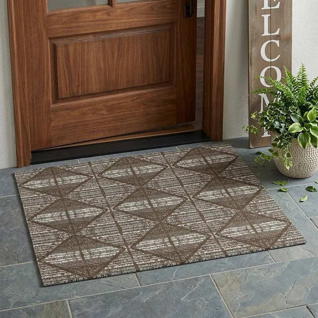 3' X 5' Chocolate And Beige Geometric Washable Indoor Outdoor Area Rug Homeroots Outdoor