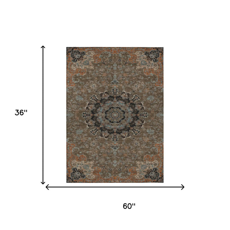 3' X 5' Chocolate And Black Floral Medallion Washable Indoor Outdoor Area Rug Homeroots Outdoor