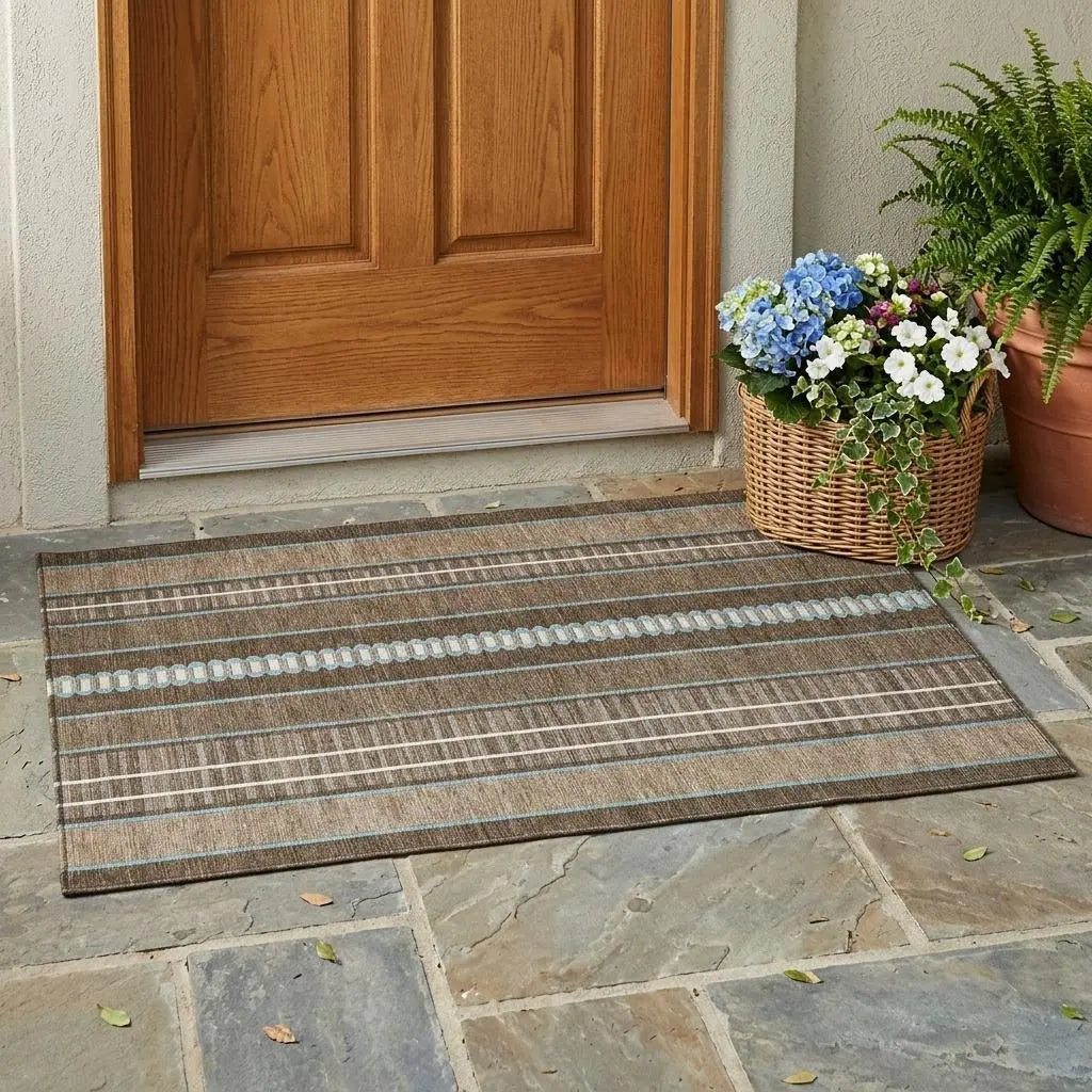 3' X 5' Chocolate And Blue Striped Washable Indoor Outdoor Area Rug Homeroots Outdoor