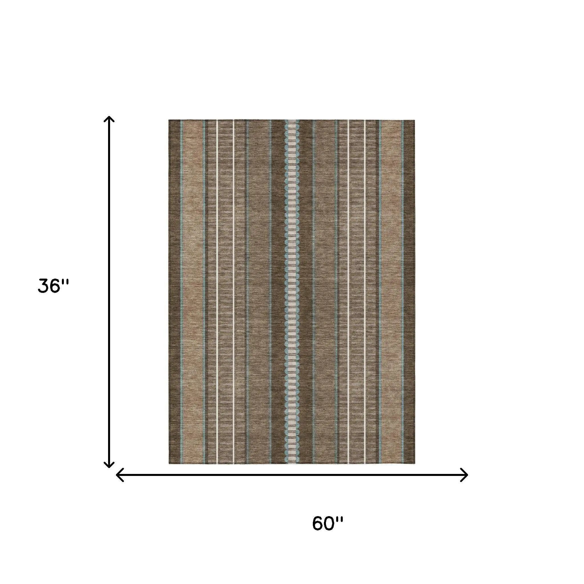 3' X 5' Chocolate And Blue Striped Washable Indoor Outdoor Area Rug Homeroots Outdoor