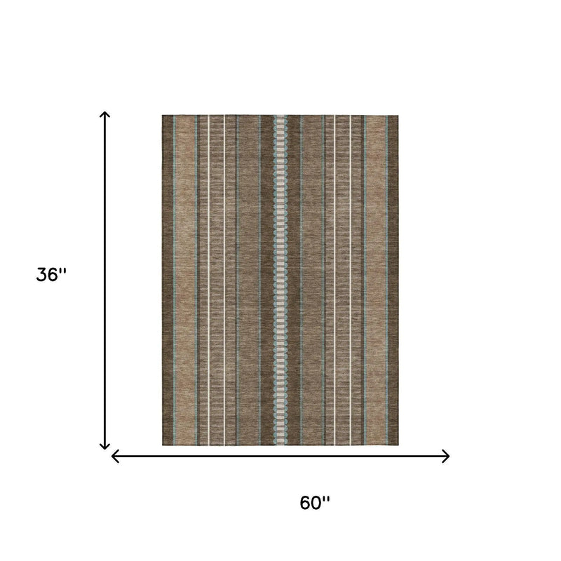 3' X 5' Chocolate And Blue Striped Washable Indoor Outdoor Area Rug Homeroots Outdoor