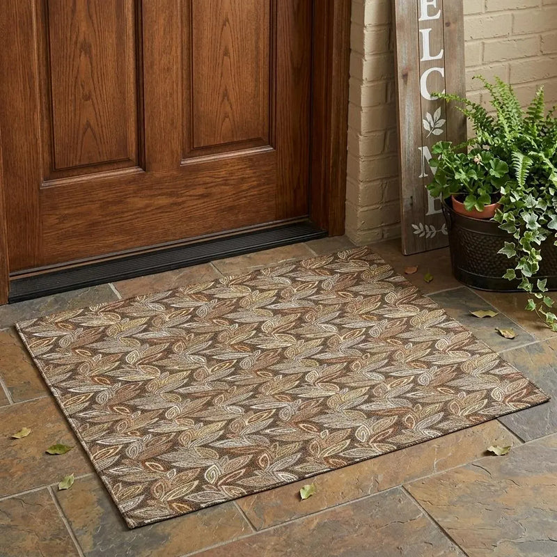 3' X 5' Chocolate And Brown Botanical Leaves Washable Indoor Outdoor Area Rug Homeroots Outdoor