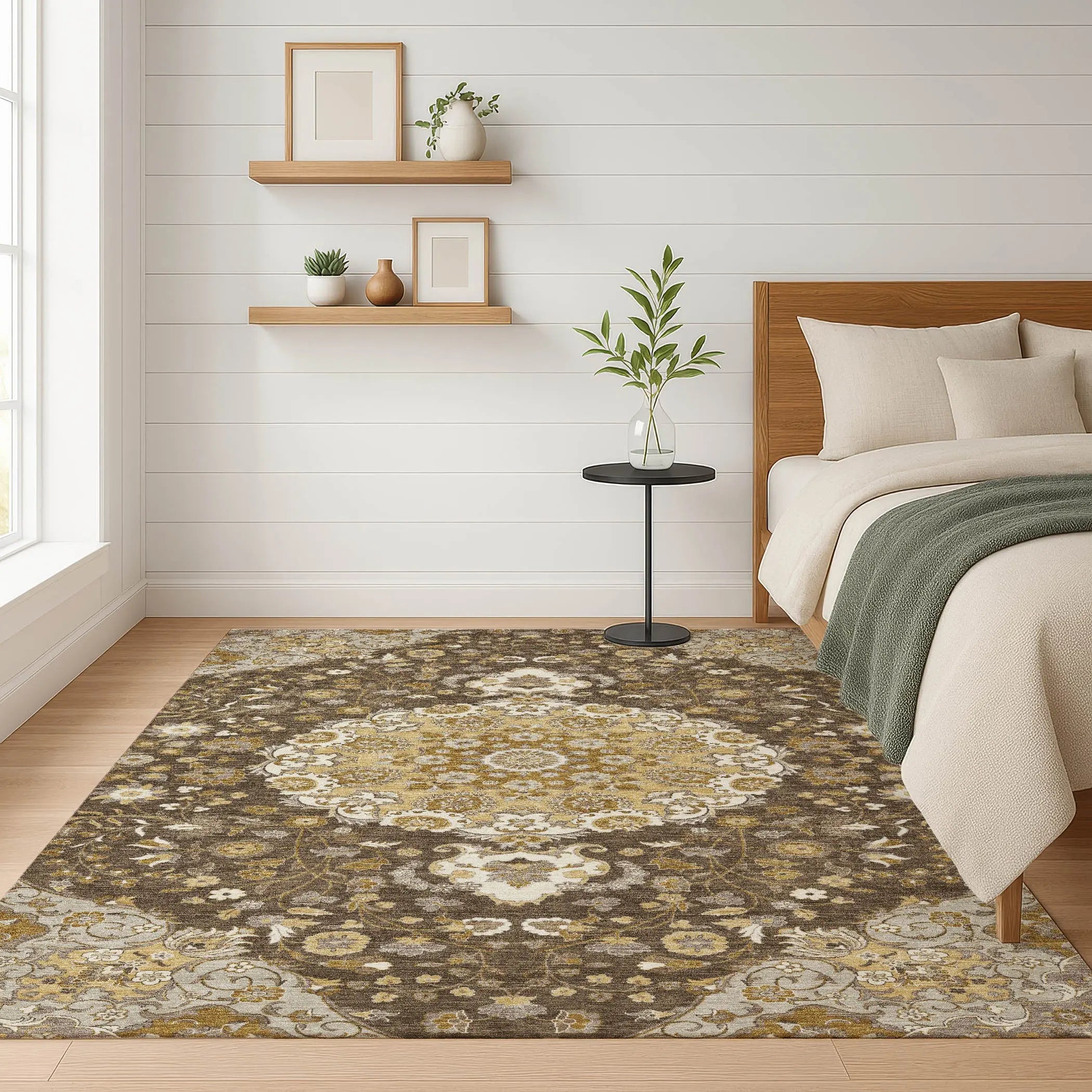 3' X 5' Chocolate And Brown Damask Washable Indoor Outdoor Area Rug Homeroots Outdoor