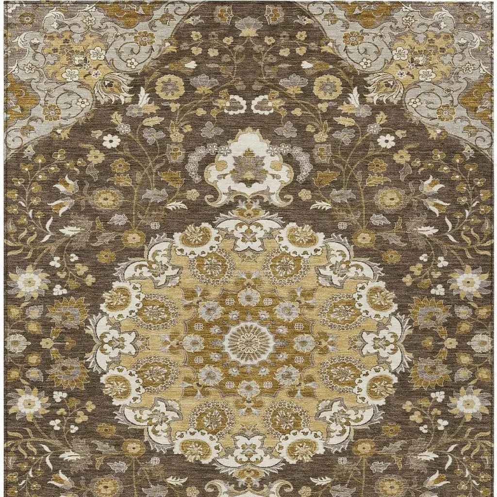 3' X 5' Chocolate And Brown Damask Washable Indoor Outdoor Area Rug Homeroots Outdoor