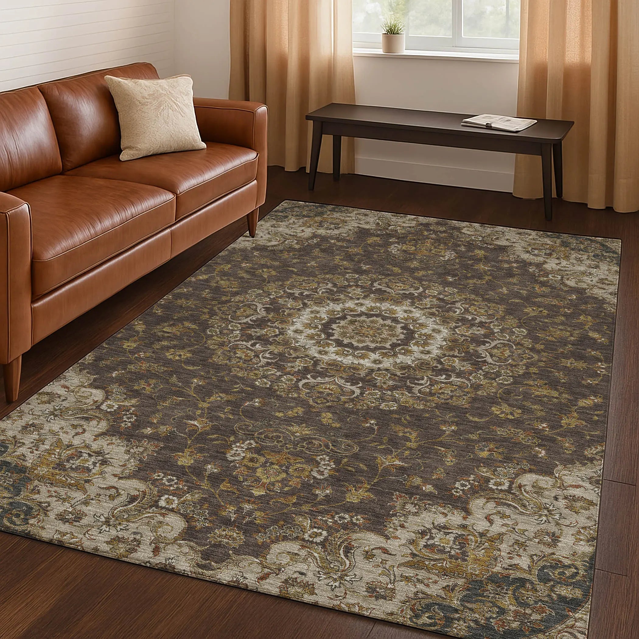 3' X 5' Chocolate And Brown Floral Medallion Washable Indoor Outdoor Area Rug Homeroots Outdoor