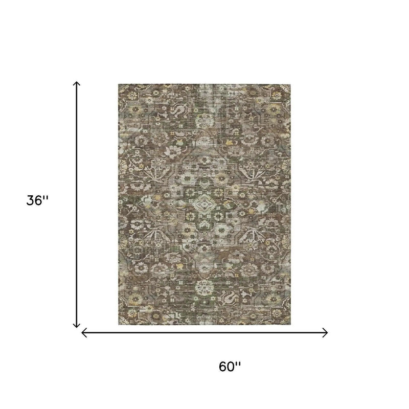 3' X 5' Chocolate And Brown Floral Medallion Washable Indoor Outdoor Area Rug Homeroots Outdoor