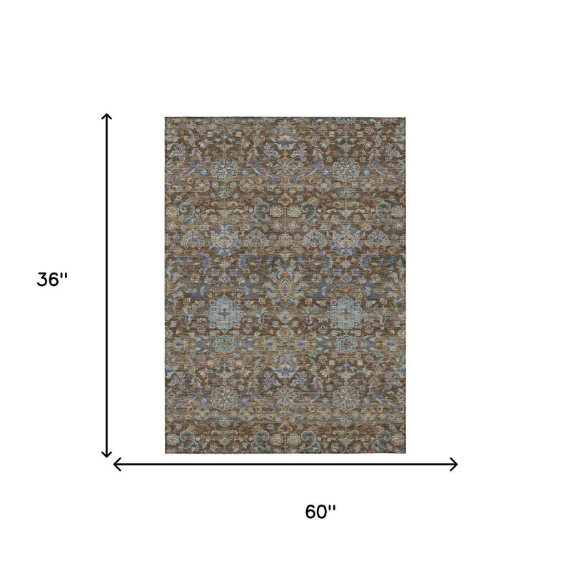 3' X 5' Chocolate And Brown Floral Medallion Washable Indoor Outdoor Area Rug Homeroots Outdoor
