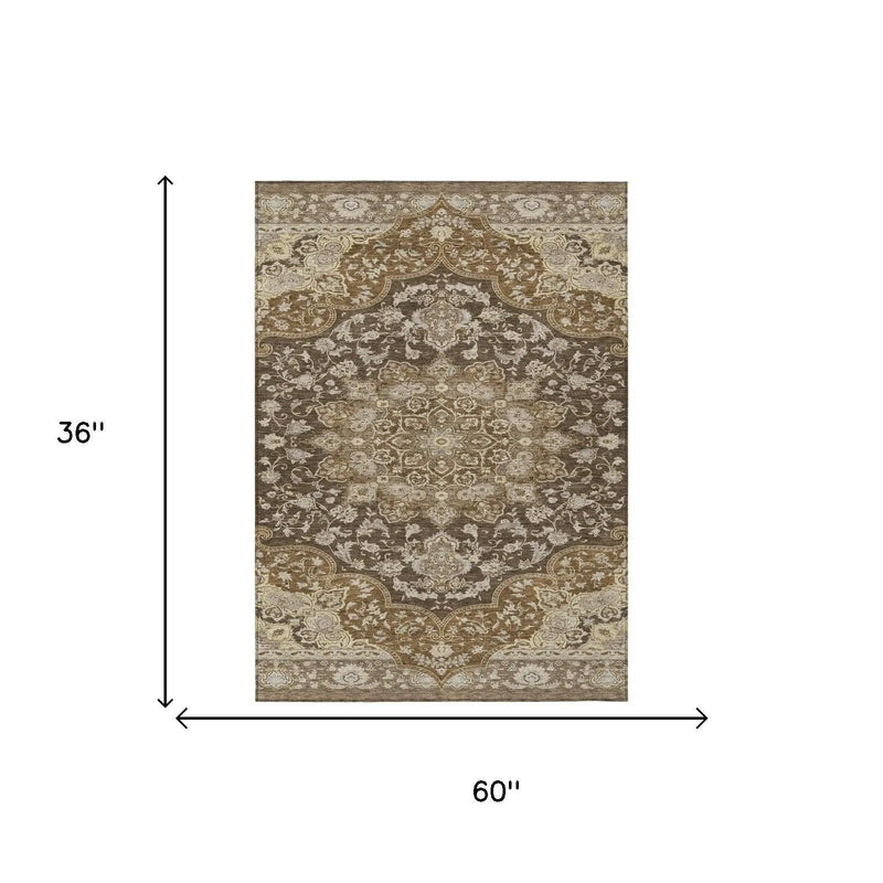 3' X 5' Chocolate And Brown Oriental Washable Indoor Outdoor Area Rug Homeroots Outdoor