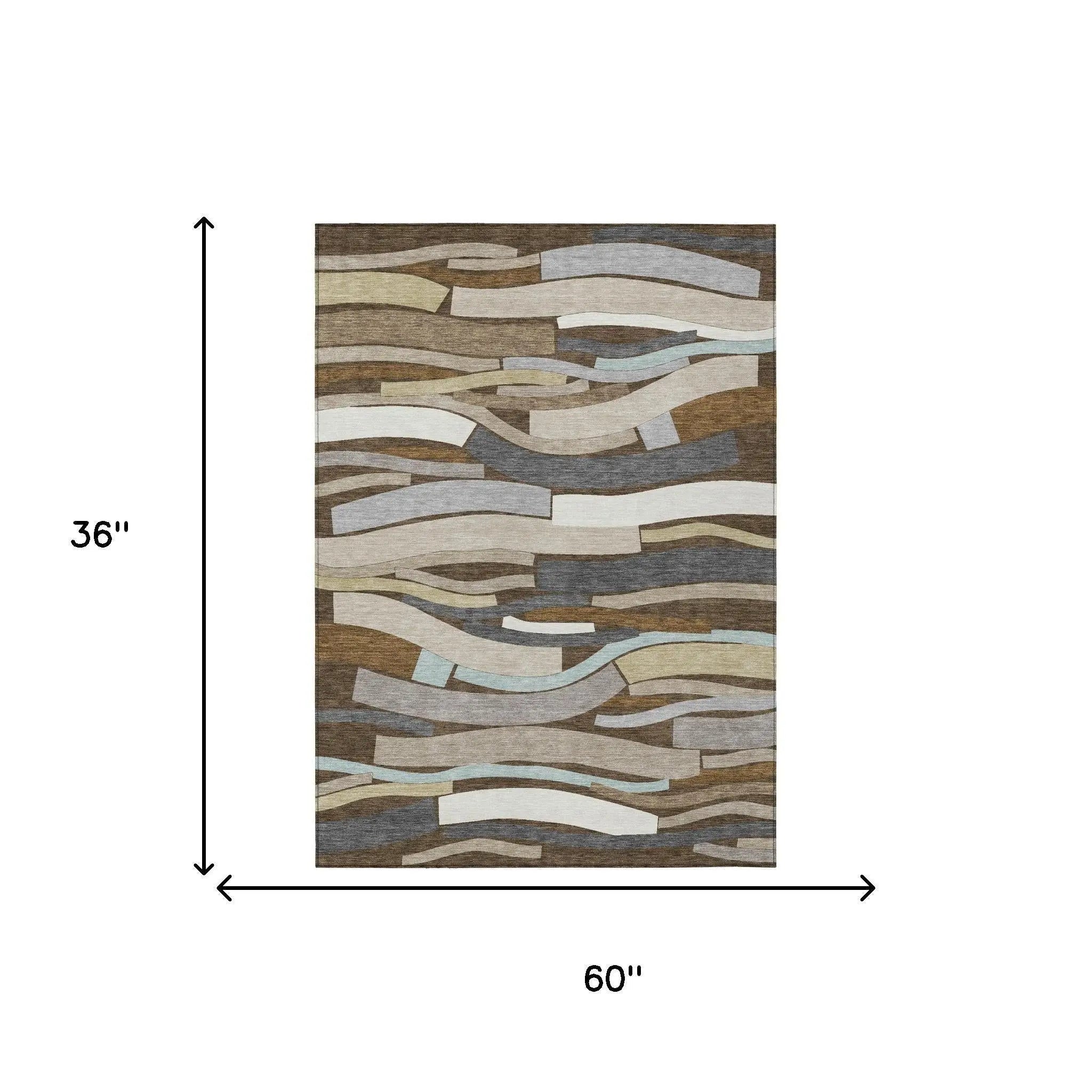 Multicolored abstract area rug, 60x36 inches, featuring soft fabric with wavy brown, beige, gray, and blue patterns.