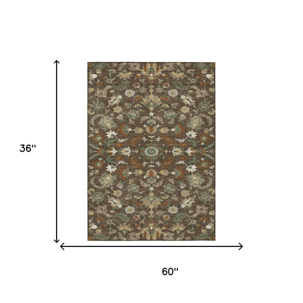 3' X 5' Chocolate And Charcoal Floral Medallion Washable Indoor Outdoor Area Rug Homeroots Outdoor