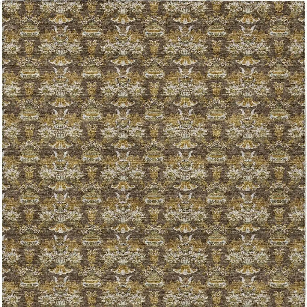 3' X 5' Chocolate And Copper Floral Washable Indoor Outdoor Area Rug Homeroots Outdoor
