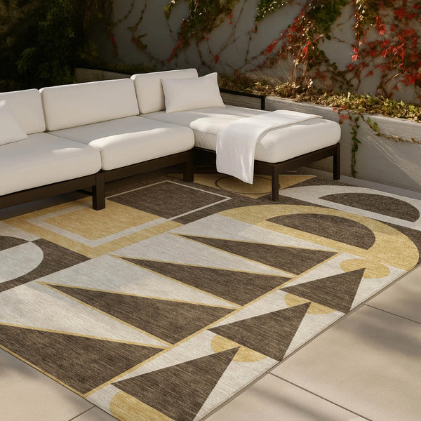 3' X 5' Chocolate And Gold Geometric Washable Indoor Outdoor Area Rug Homeroots Outdoor