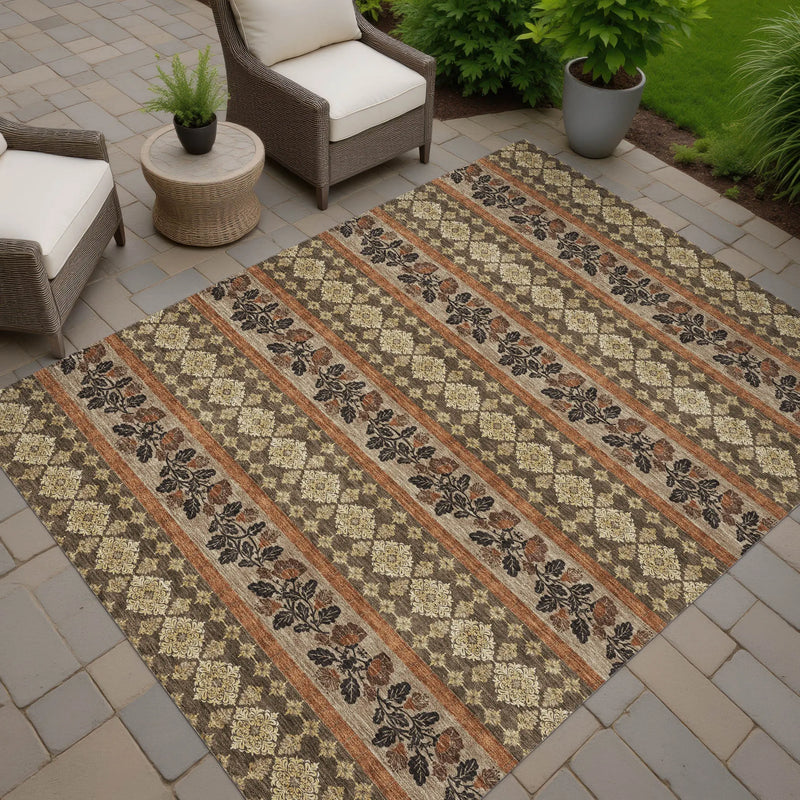 3' X 5' Chocolate And Gold Striped Washable Indoor Outdoor Area Rug Homeroots Outdoor