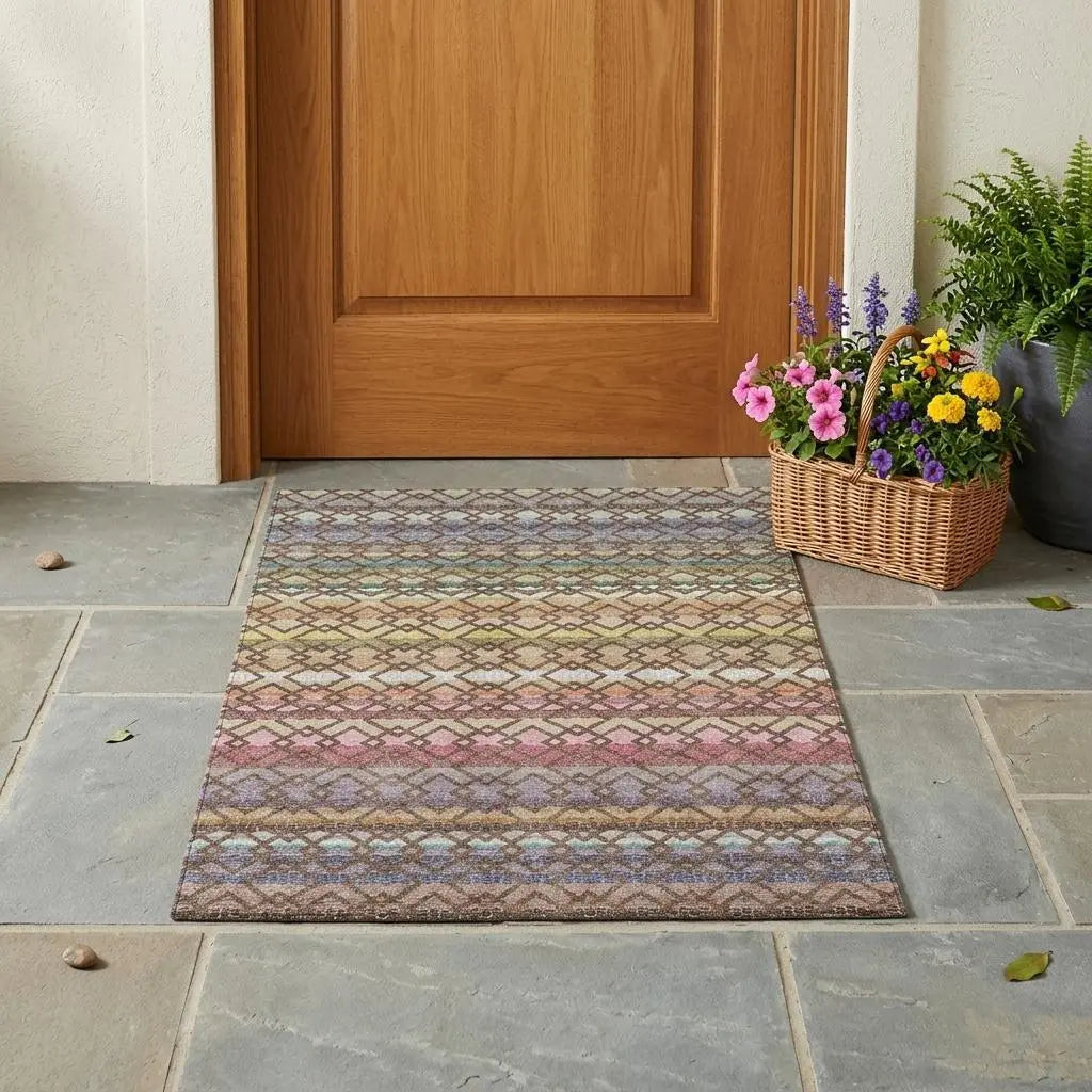 3' X 5' Chocolate And Gold Striped Washable Indoor Outdoor Area Rug Homeroots Outdoor