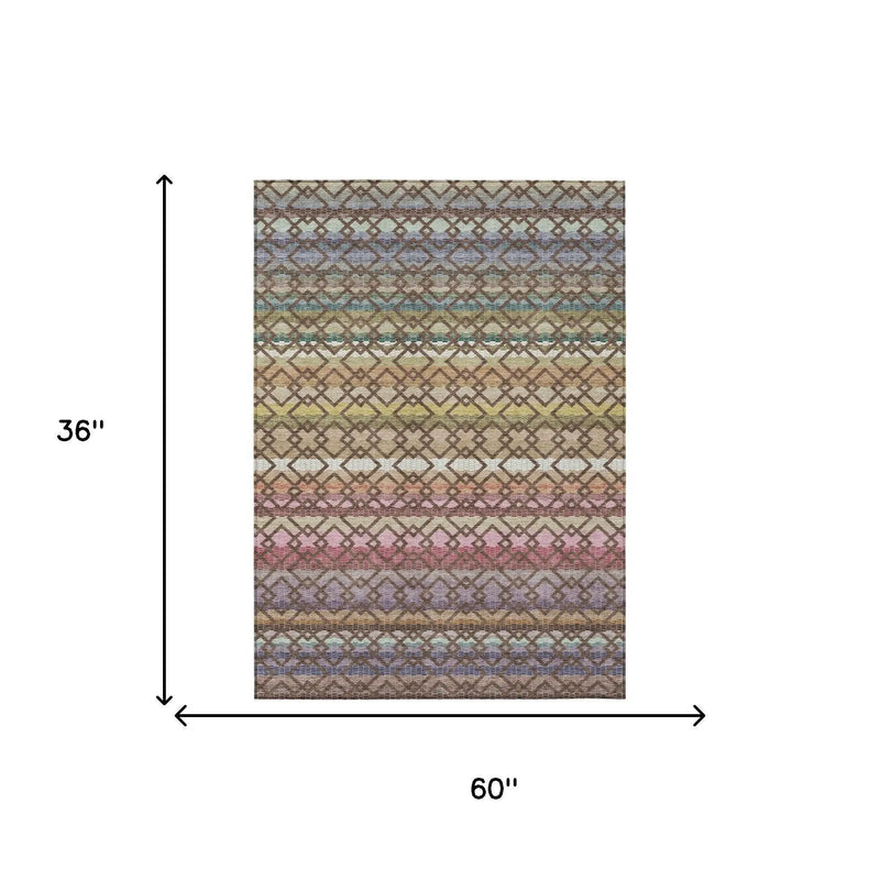 3' X 5' Chocolate And Gold Striped Washable Indoor Outdoor Area Rug Homeroots Outdoor