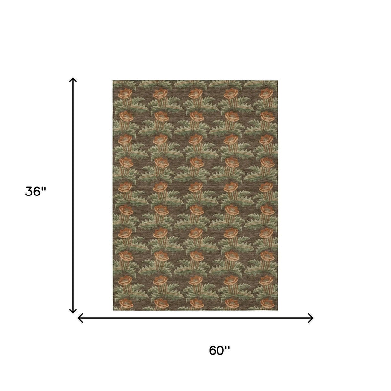 3' X 5' Chocolate And Graphite Floral Washable Indoor Outdoor Area Rug Homeroots Outdoor