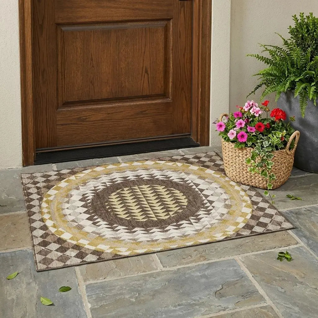 3' X 5' Chocolate And Green Geometric Washable Indoor Outdoor Area Rug Homeroots Outdoor