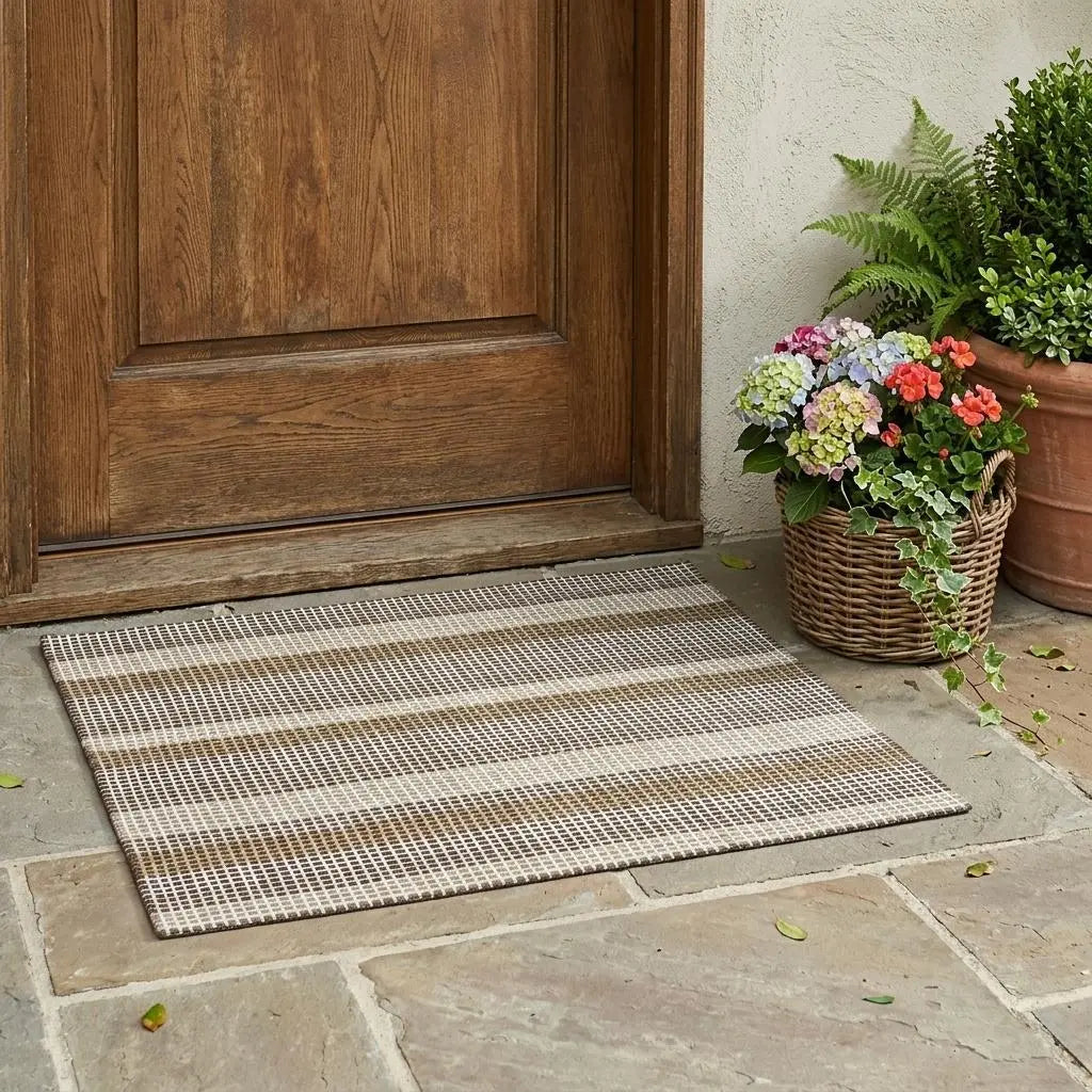 3' X 5' Chocolate And Ivory Striped Washable Indoor Outdoor Area Rug Homeroots Outdoor