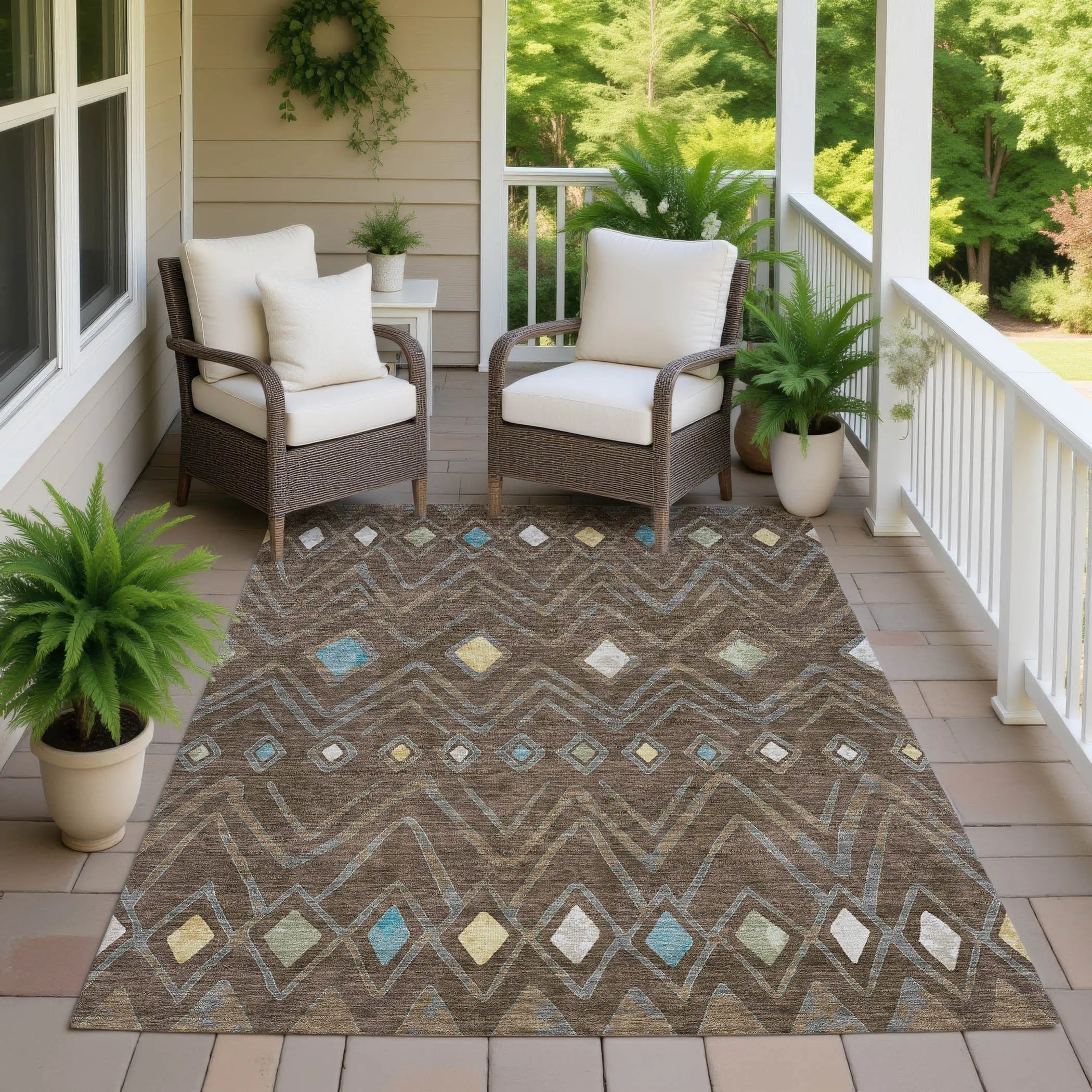 3' X 5' Chocolate And Orange Geometric Washable Indoor Outdoor Area Rug Homeroots Outdoor