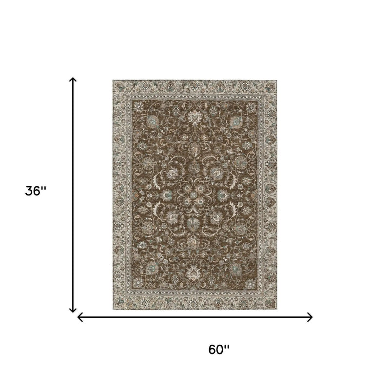 3' X 5' Chocolate And Taupe Botanical Leaves Washable Indoor Outdoor Area Rug Homeroots Outdoor