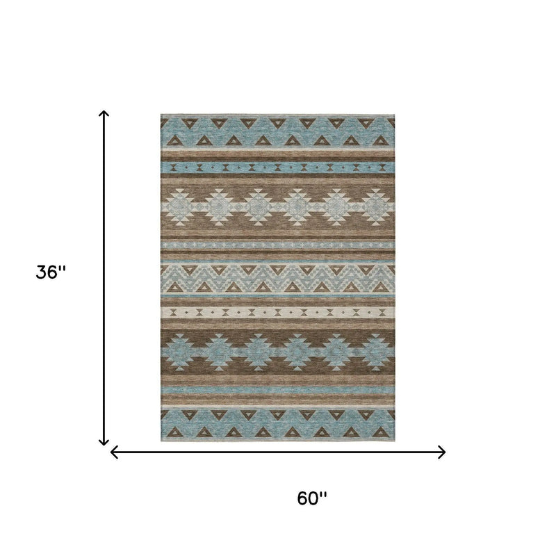 3' X 5' Chocolate And Teal Blue Southwestern Washable Indoor Outdoor Area Rug Homeroots Outdoor