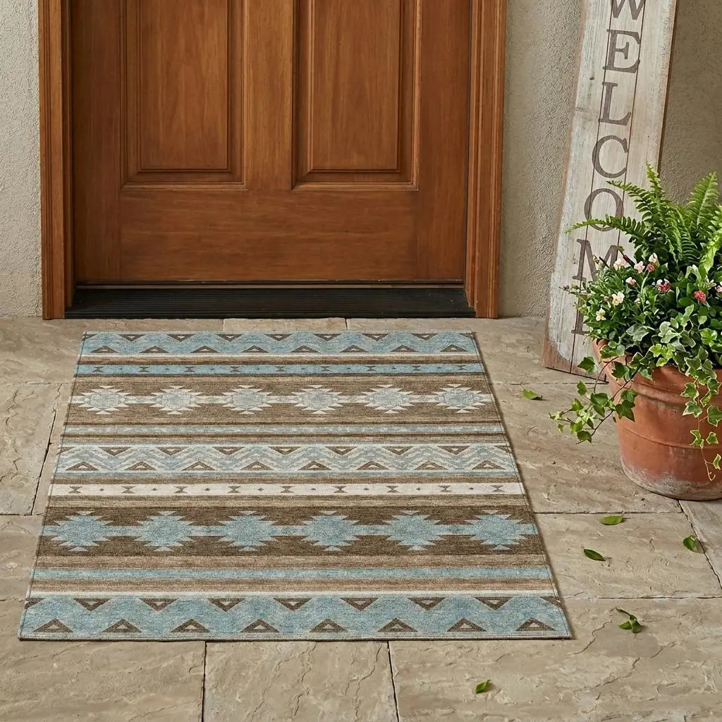 3' X 5' Chocolate And Teal Blue Southwestern Washable Indoor Outdoor Area Rug Homeroots Outdoor