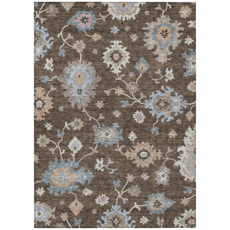 3' X 5' Chocolate Beige And Blue Floral Washable Indoor Outdoor Area Rug Homeroots Outdoor