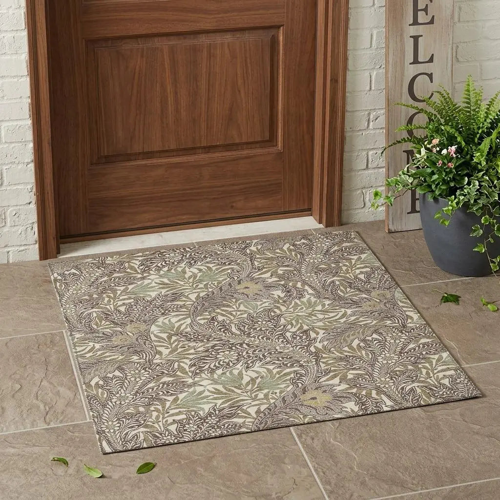 3' X 5' Coffee And Brown Botanical Leaves Washable Indoor Outdoor Area Rug Homeroots Outdoor