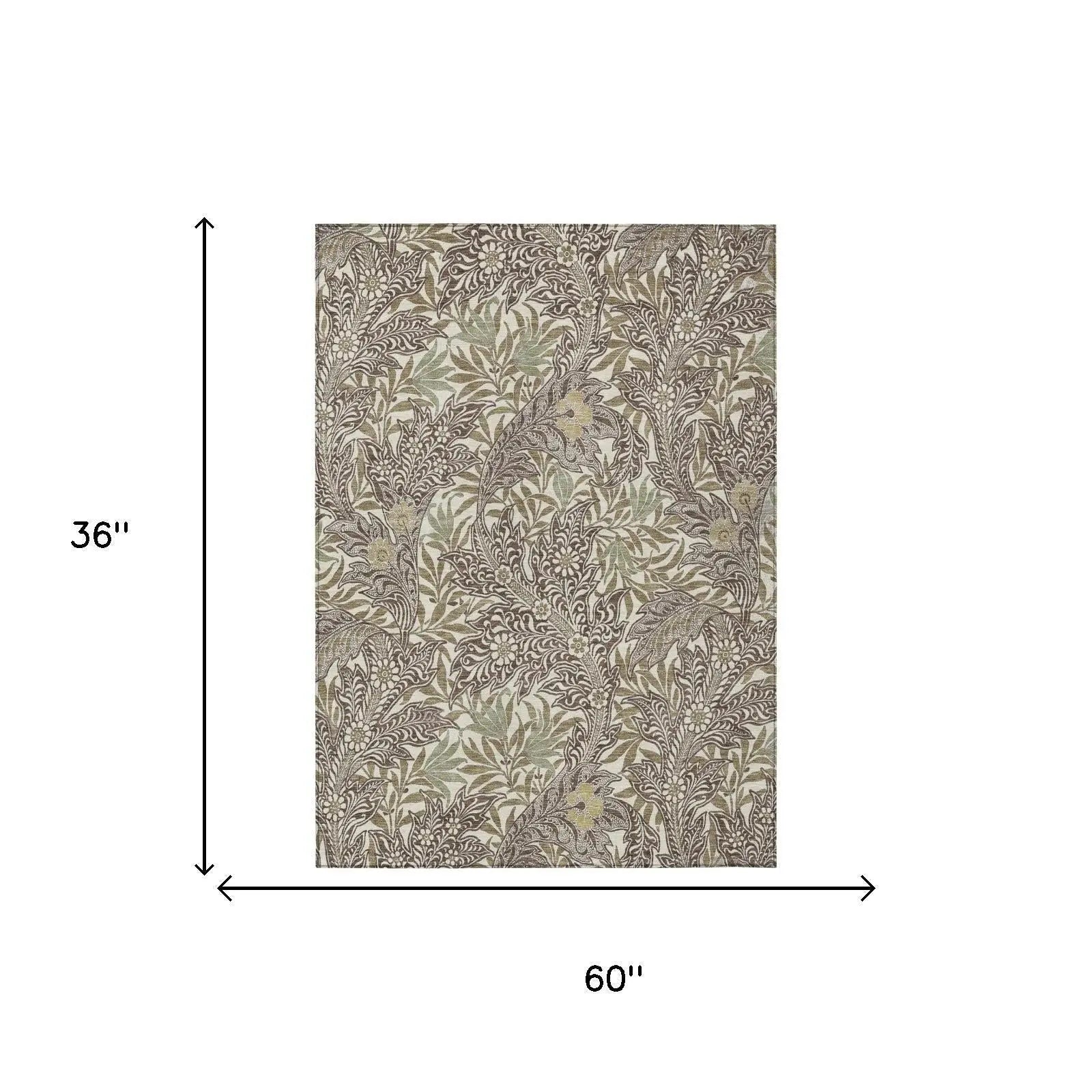 3' X 5' Coffee And Brown Botanical Leaves Washable Indoor Outdoor Area Rug Homeroots Outdoor