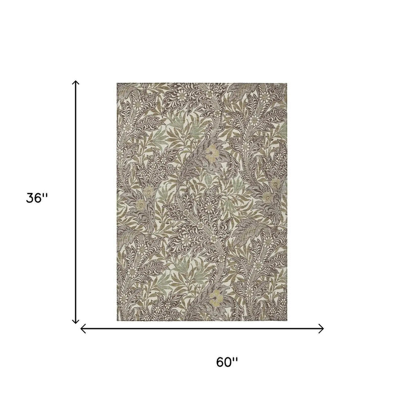3' X 5' Coffee And Brown Botanical Leaves Washable Indoor Outdoor Area Rug Homeroots Outdoor
