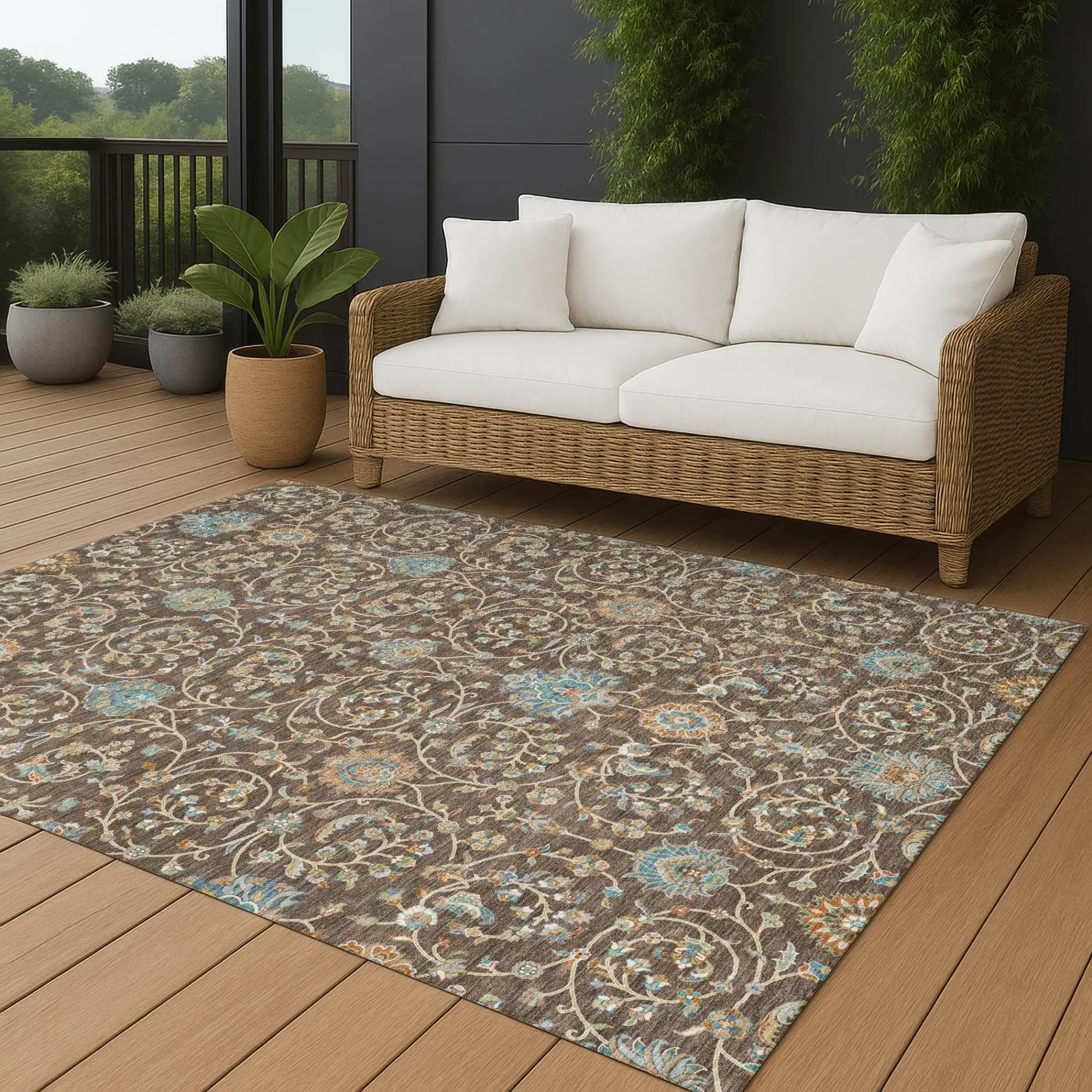 3' X 5' Coffee And Brown Floral Washable Indoor Outdoor Area Rug Homeroots Outdoor