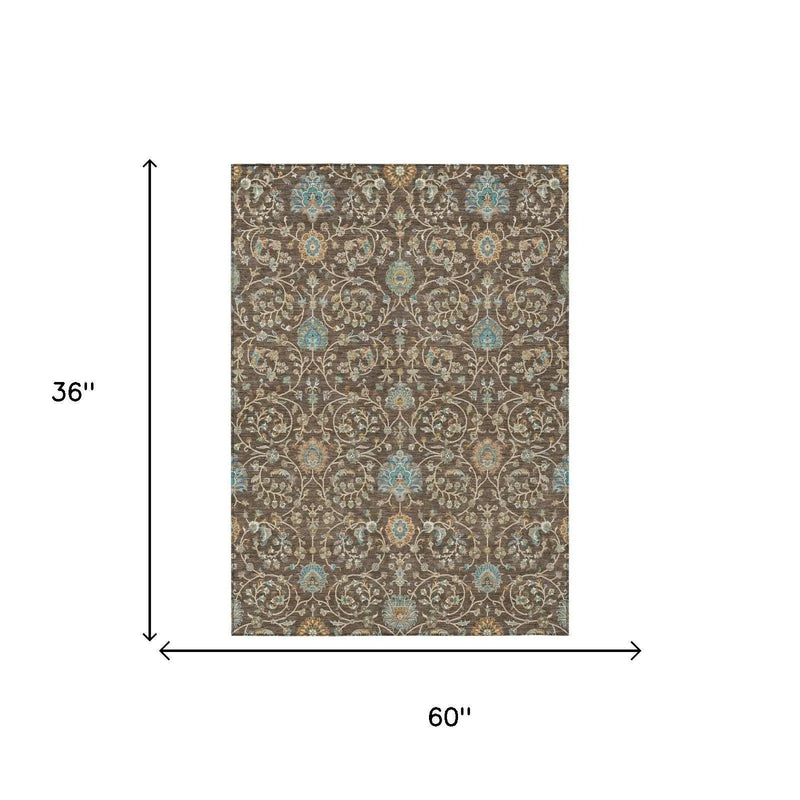 3' X 5' Coffee And Brown Floral Washable Indoor Outdoor Area Rug Homeroots Outdoor