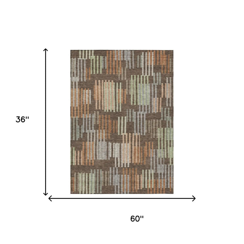 3' X 5' Coffee And Orange Striped Washable Indoor Outdoor Area Rug Homeroots Outdoor