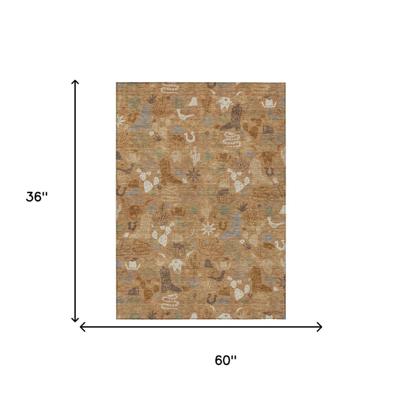 3' X 5' Copper And Beige Cactus Washable Indoor Outdoor Area Rug Homeroots Outdoor