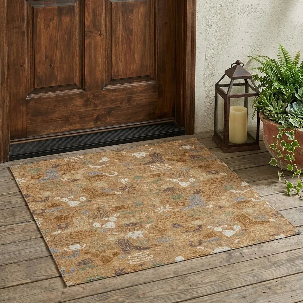 3' X 5' Copper And Beige Cactus Washable Indoor Outdoor Area Rug Homeroots Outdoor