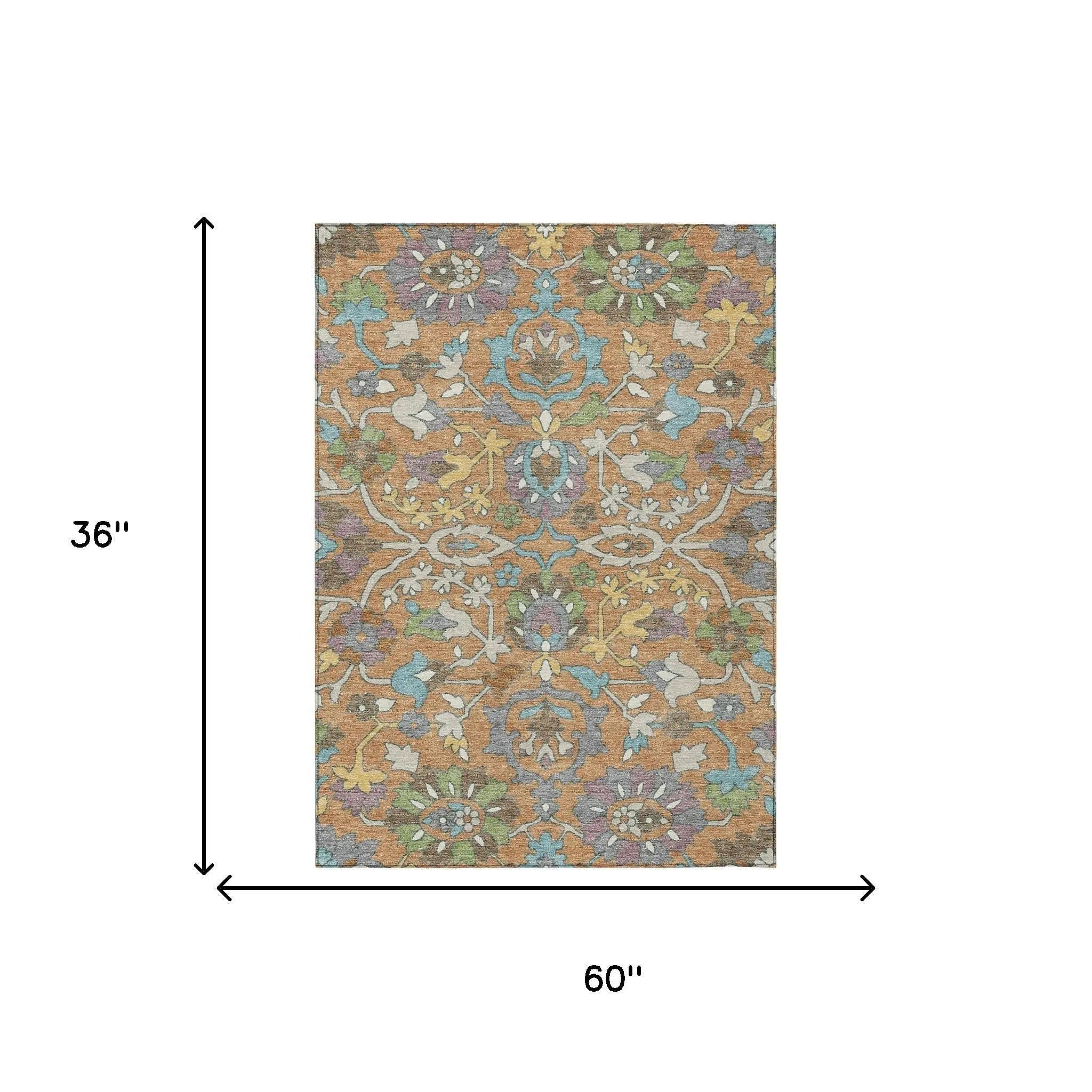 Colorful vintage-style area rug, 60"x36", featuring intricate floral patterns in blue, yellow, and muted earth tones.