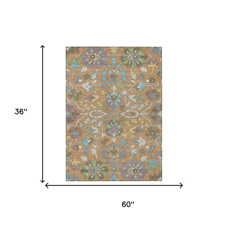 Colorful vintage-style area rug, 60"x36", featuring intricate floral patterns in blue, yellow, and muted earth tones.