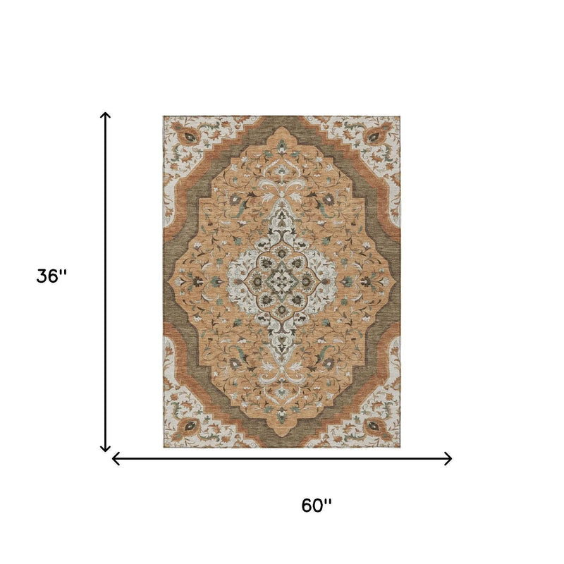 3' X 5' Copper And Blue Medallion Washable Indoor Outdoor Area Rug Homeroots Outdoor