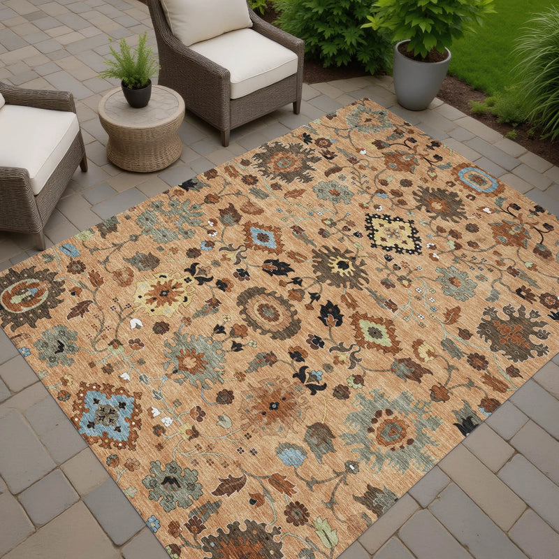 3' X 5' Copper And Brown Floral Medallion Washable Indoor Outdoor Area Rug Homeroots Outdoor