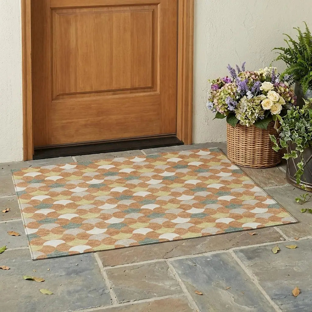 3' X 5' Copper And Green Geometric Washable Indoor Outdoor Area Rug Homeroots Outdoor