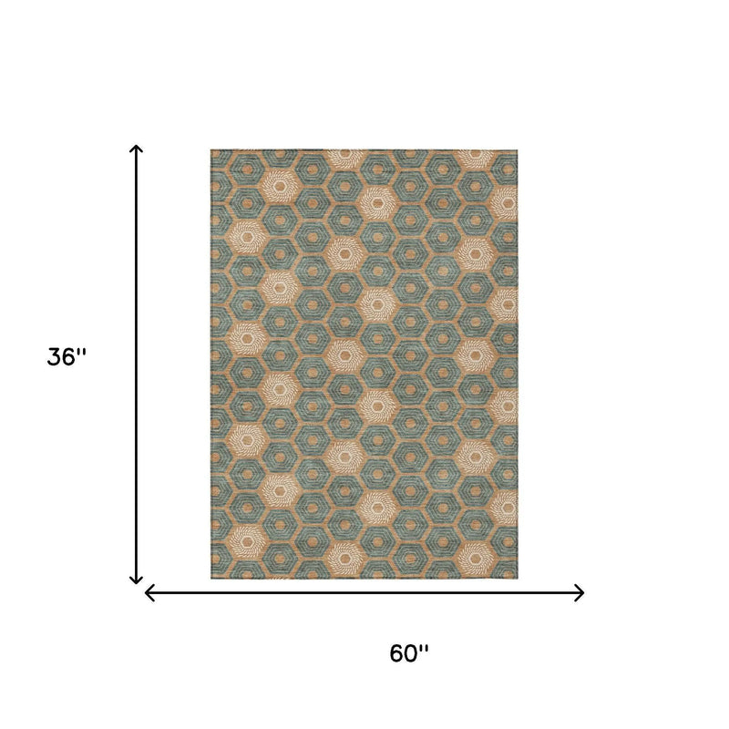 3' X 5' Copper And Green Geometric Washable Indoor Outdoor Area Rug Homeroots Outdoor