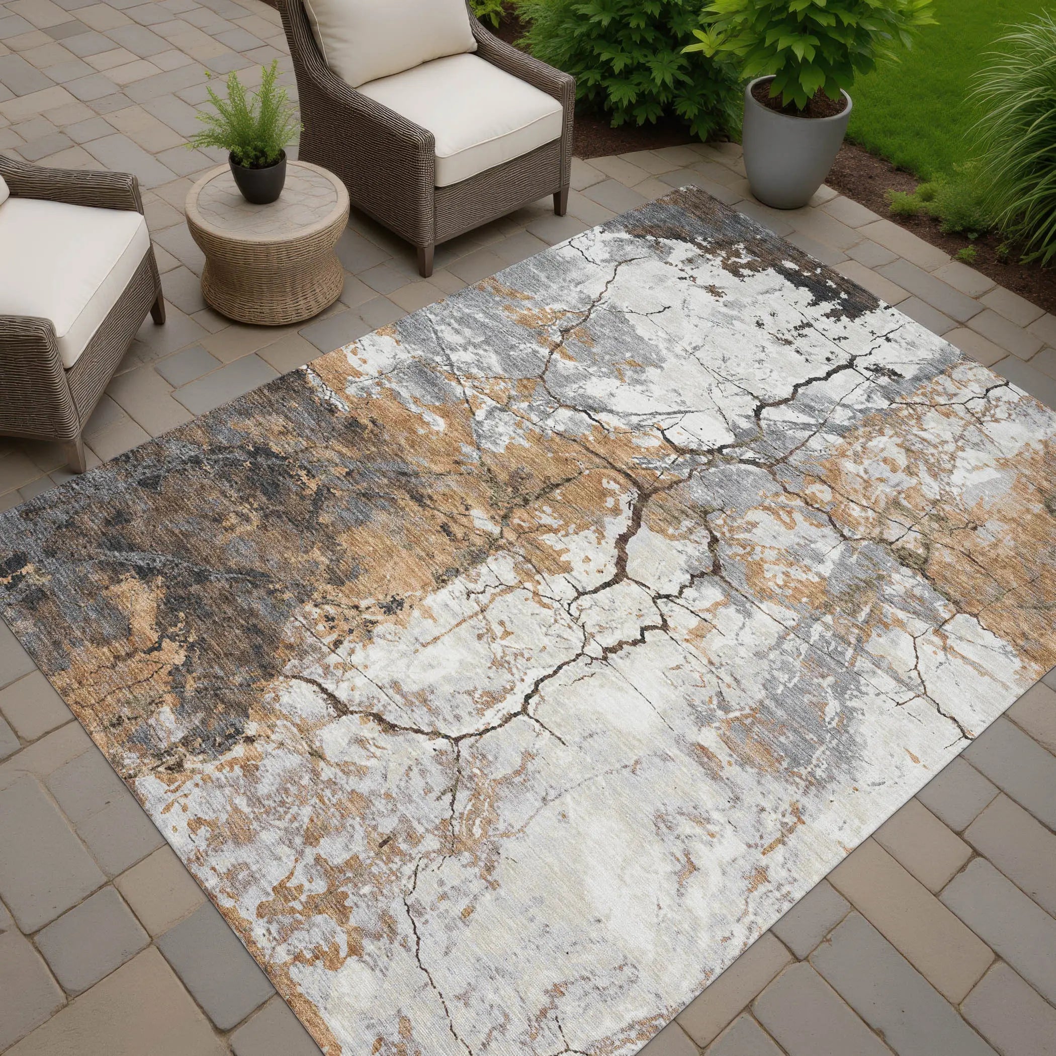 3' X 5' Copper And Ivory Abstract Washable Indoor Outdoor Area Rug Homeroots Outdoor