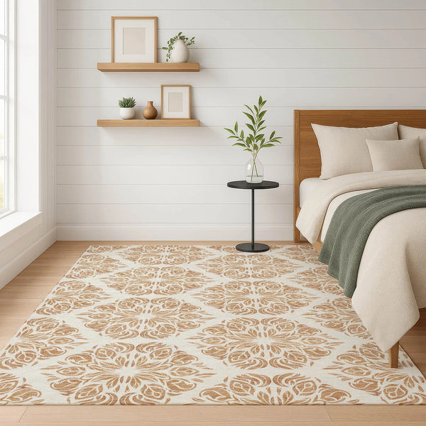 3' X 5' Copper And Ivory Damask Washable Indoor Outdoor Area Rug Homeroots Outdoor