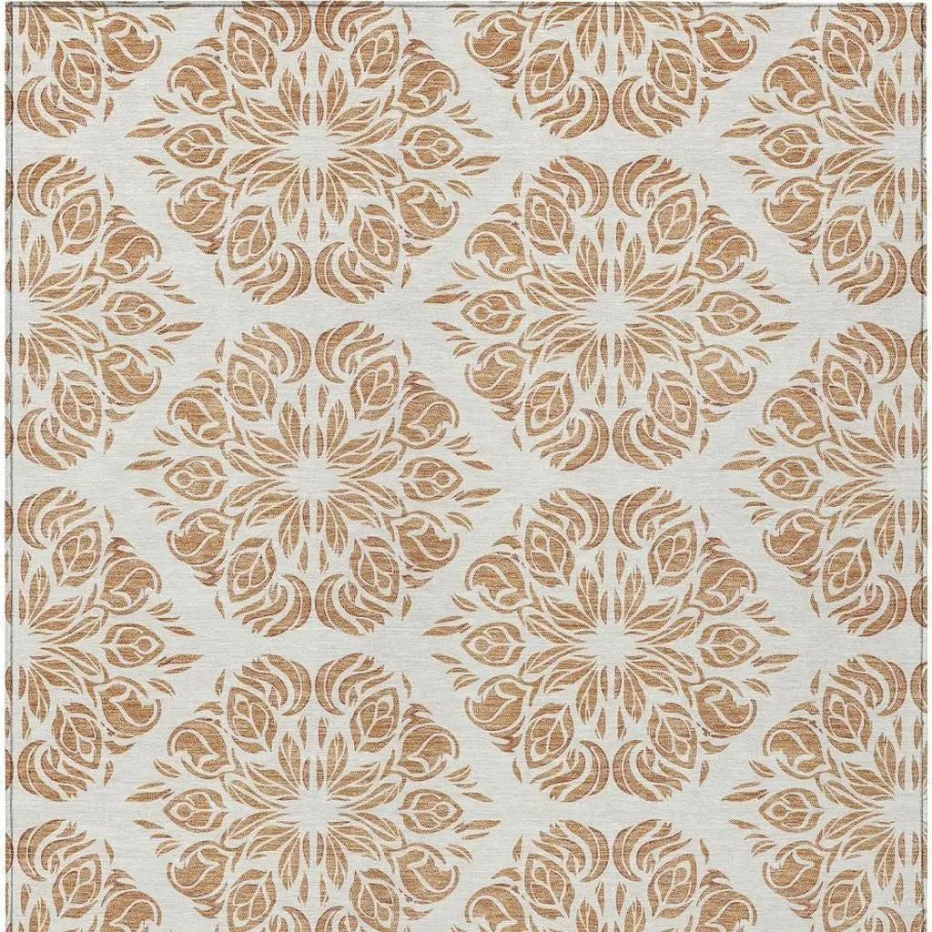 3' X 5' Copper And Ivory Damask Washable Indoor Outdoor Area Rug Homeroots Outdoor
