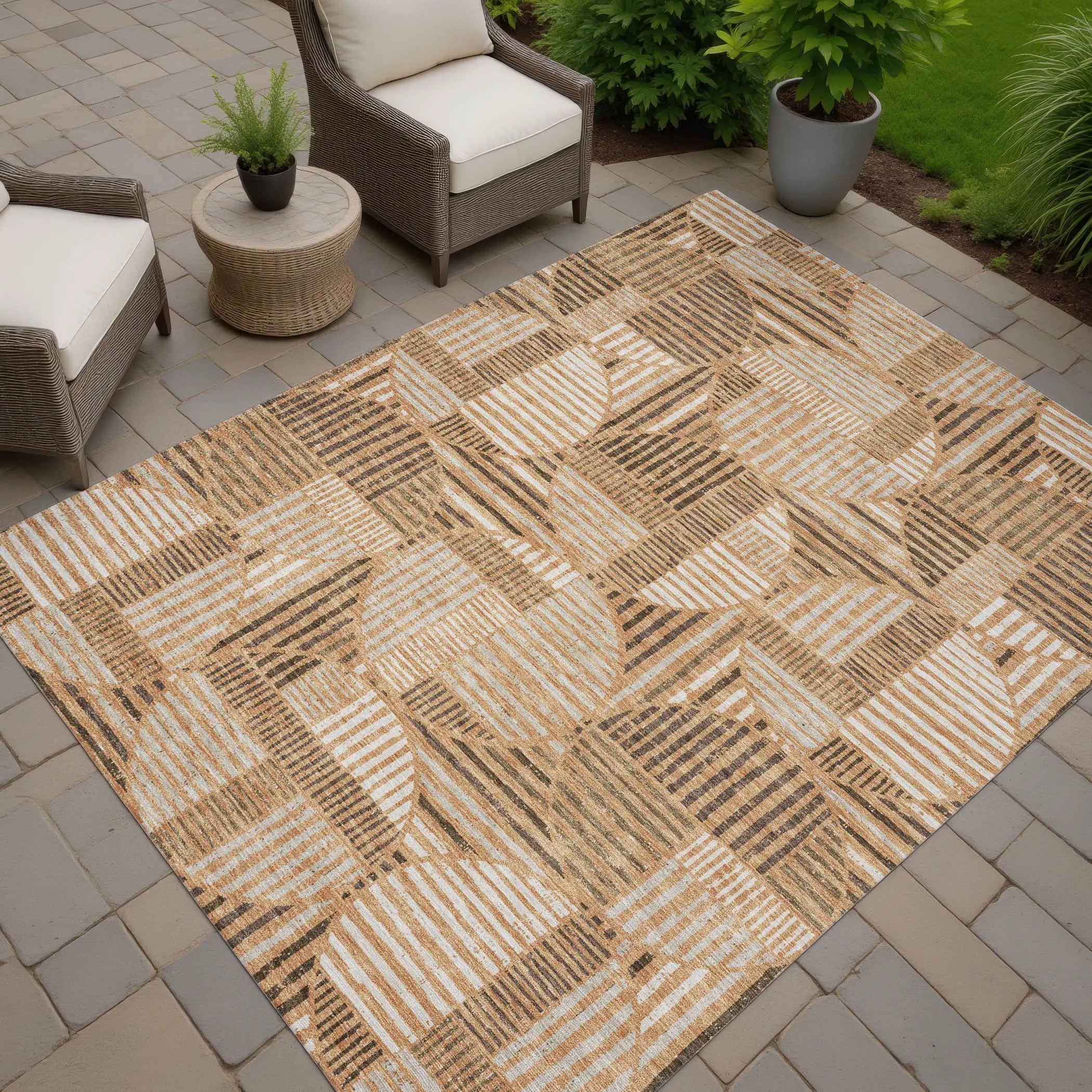 3' X 5' Copper And Khaki Geometric Washable Indoor Outdoor Area Rug Homeroots Outdoor