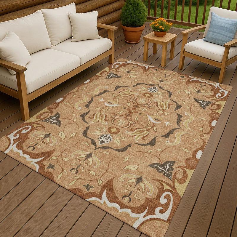 3' X 5' Copper And Orange Damask Washable Indoor Outdoor Area Rug Homeroots Outdoor