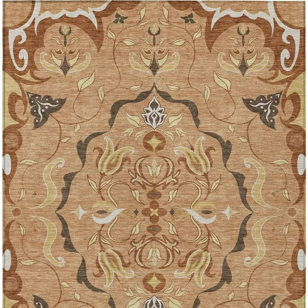 3' X 5' Copper And Orange Damask Washable Indoor Outdoor Area Rug Homeroots Outdoor